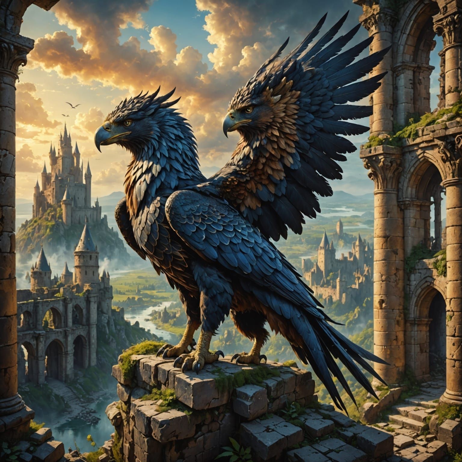 Epic Fantasy Griffin on Castle Ruins in Louis Royo Style
