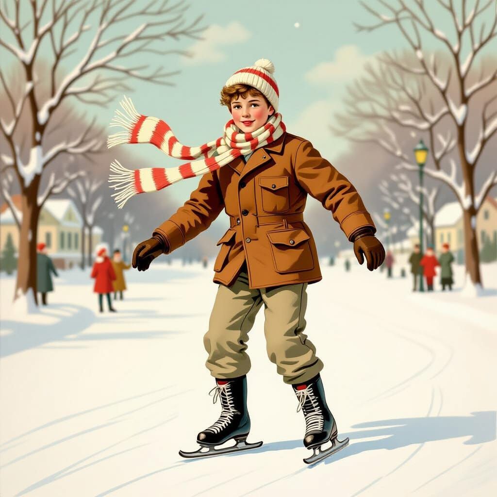 Teenage Boy Ice Skating Vintage Postcard Illustration