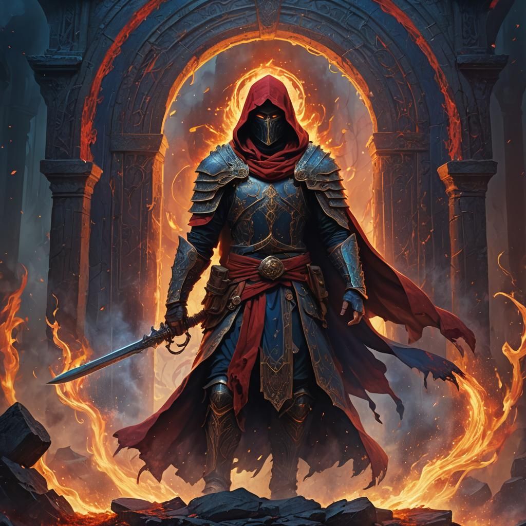 Hooded Warrior Before Fiery Portal of Death