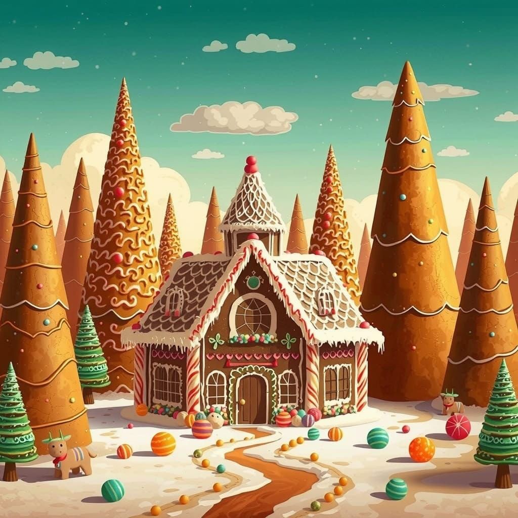 Whimsical Gingerbread Village Scene in Pop Surrealist Style