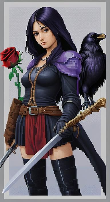 Raven, Rose, Tome, and Longsword in Pixel Art