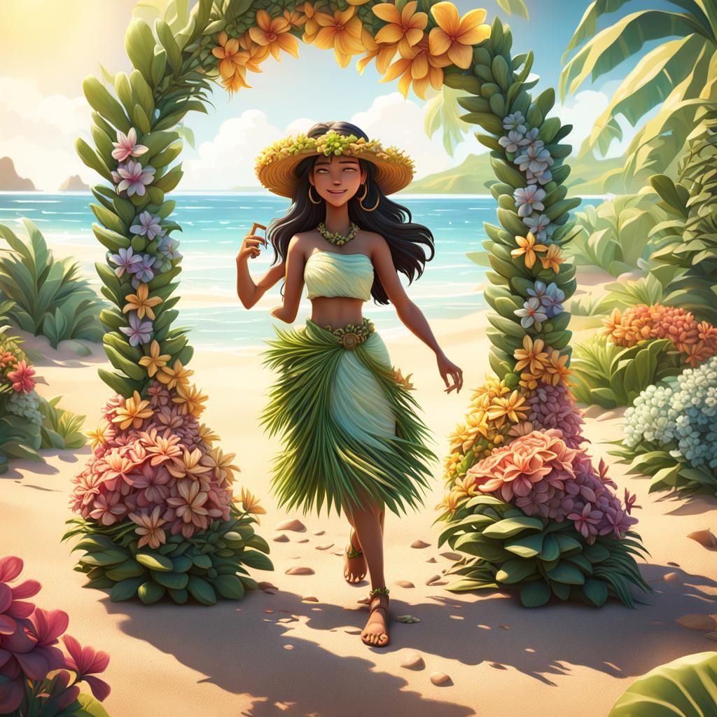 Hawaiian Hula Girl on Sandy Beach: 3D Digital Art