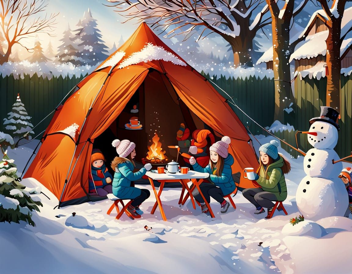 family camping in their winter garden