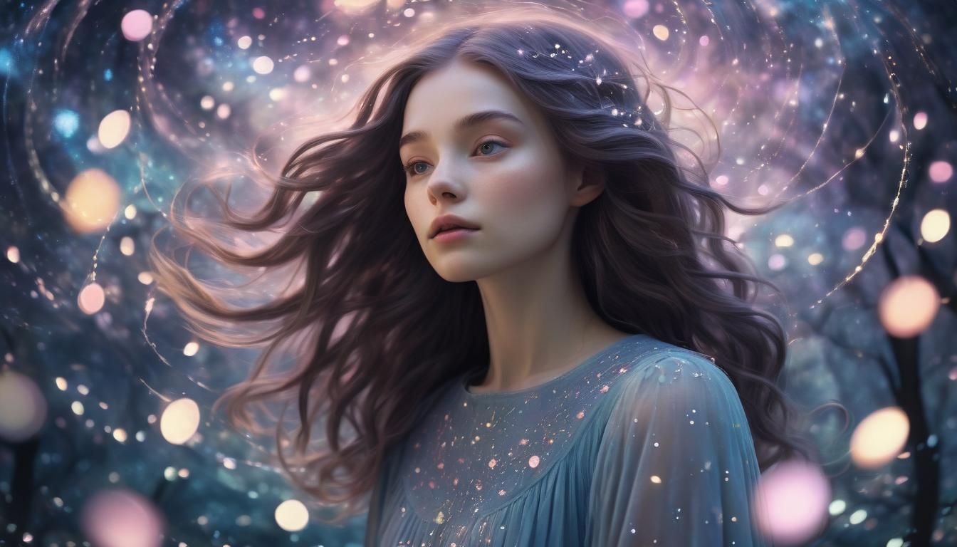 Dreamy Girl in Galaxy with Bokeh and Pastel Colors