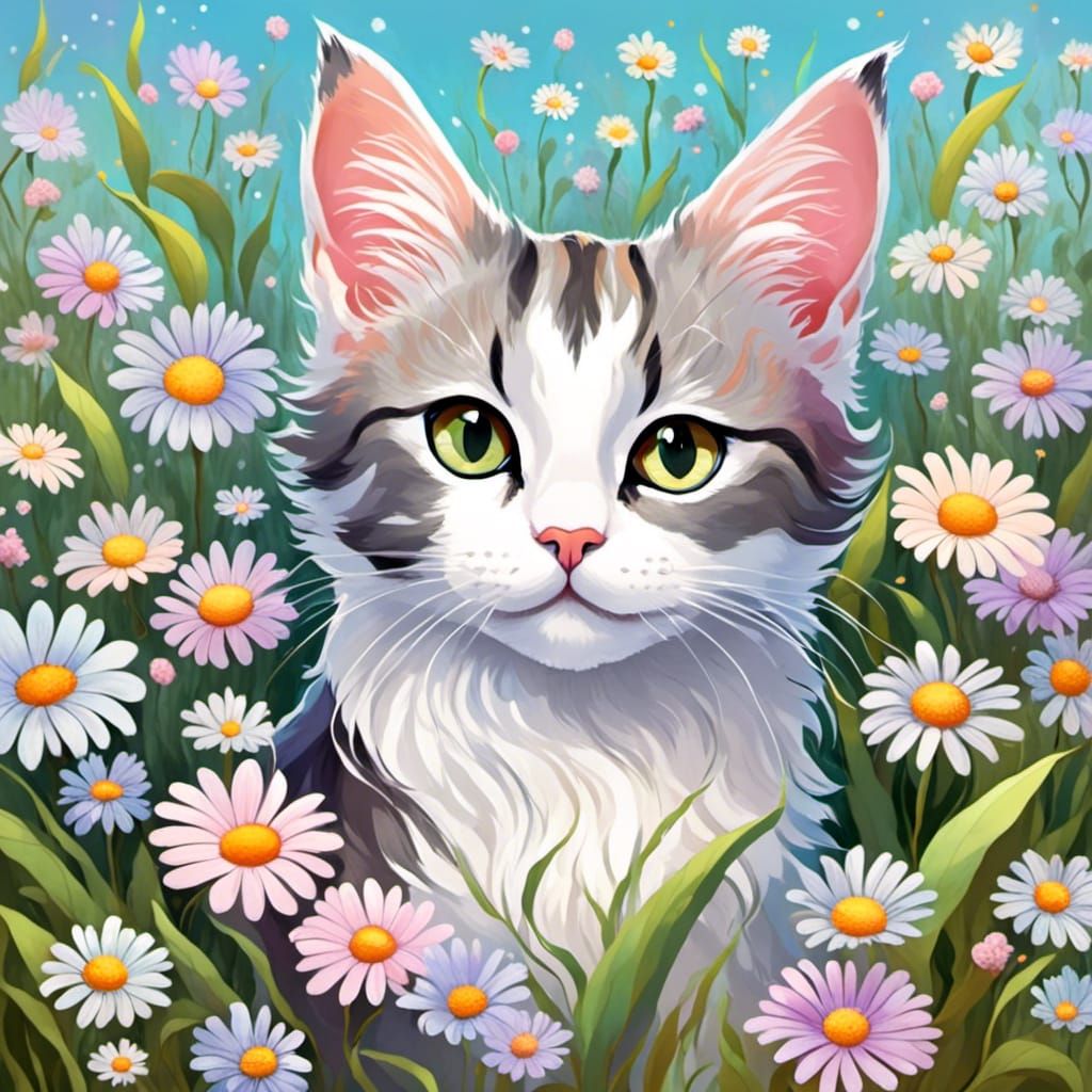Cute Cat in Pastel Flower Field as Anime Art