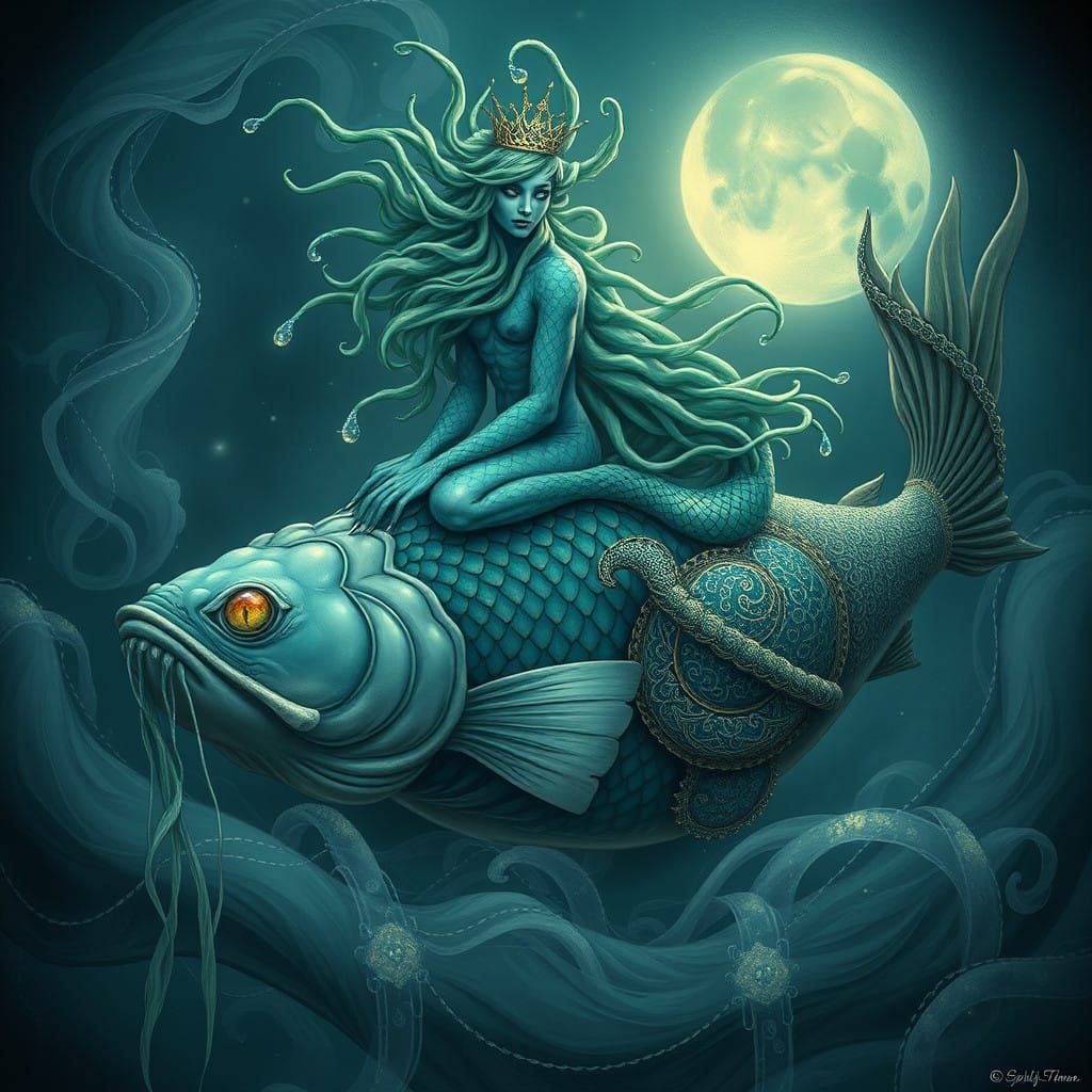 Regal Water Man Sits Serenely on Colossal Catfish in Shimmer...