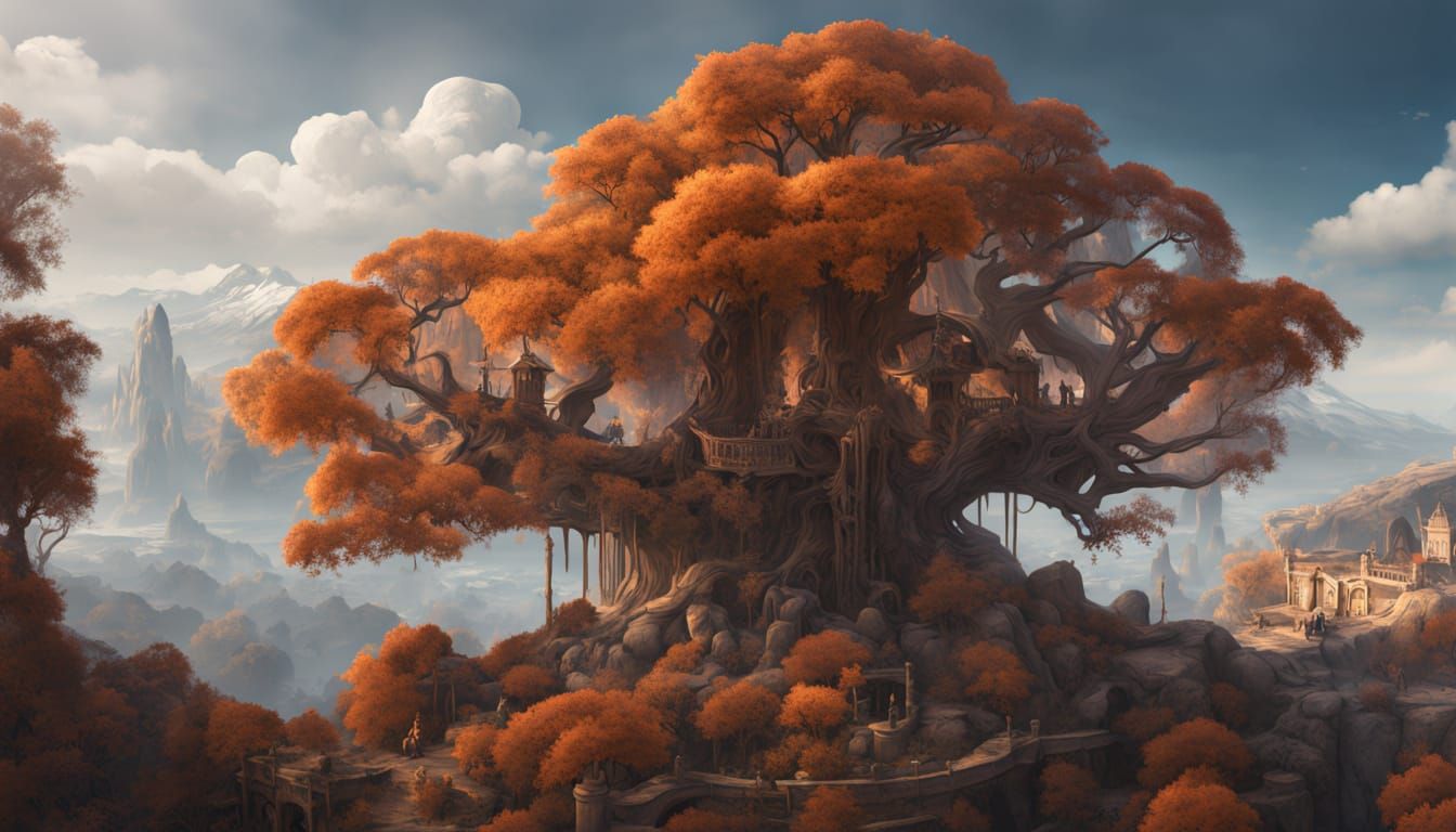 Italian Villa Surrounded by Majestic Tree in Fantasy Landsca...