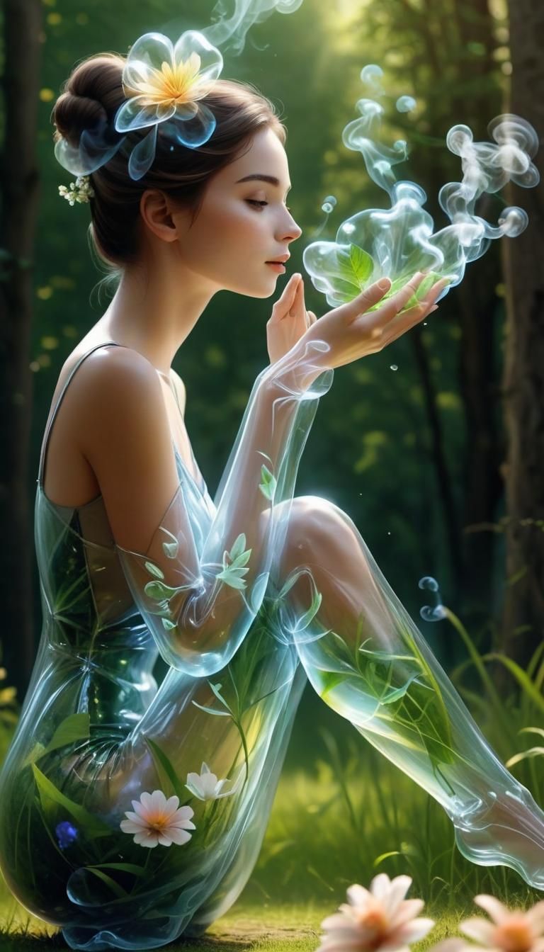Ethereal Smoke Woman Sitting in Grass: 3D Render