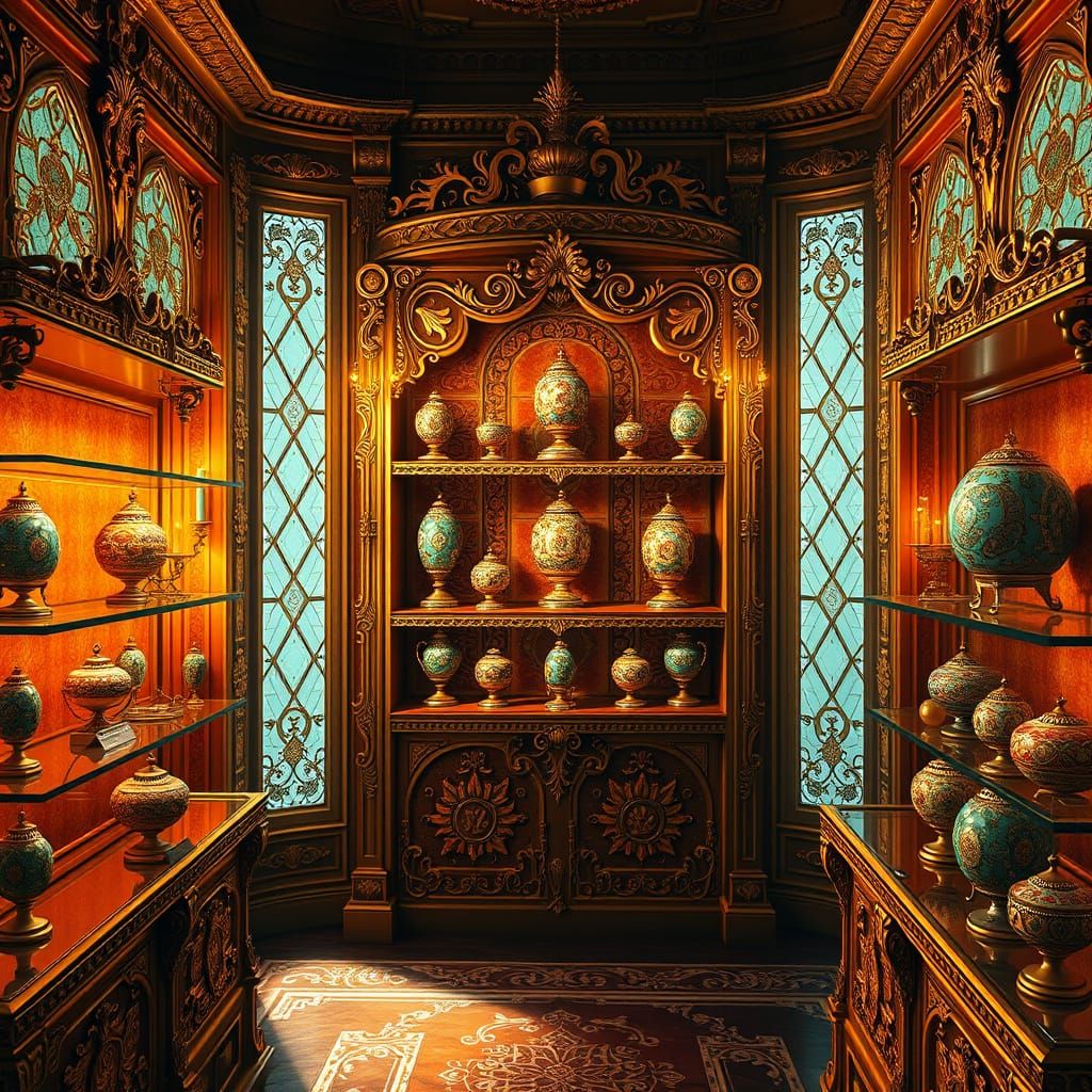 Luxurious Faberge Masterpieces on Golden Shelves in Museum