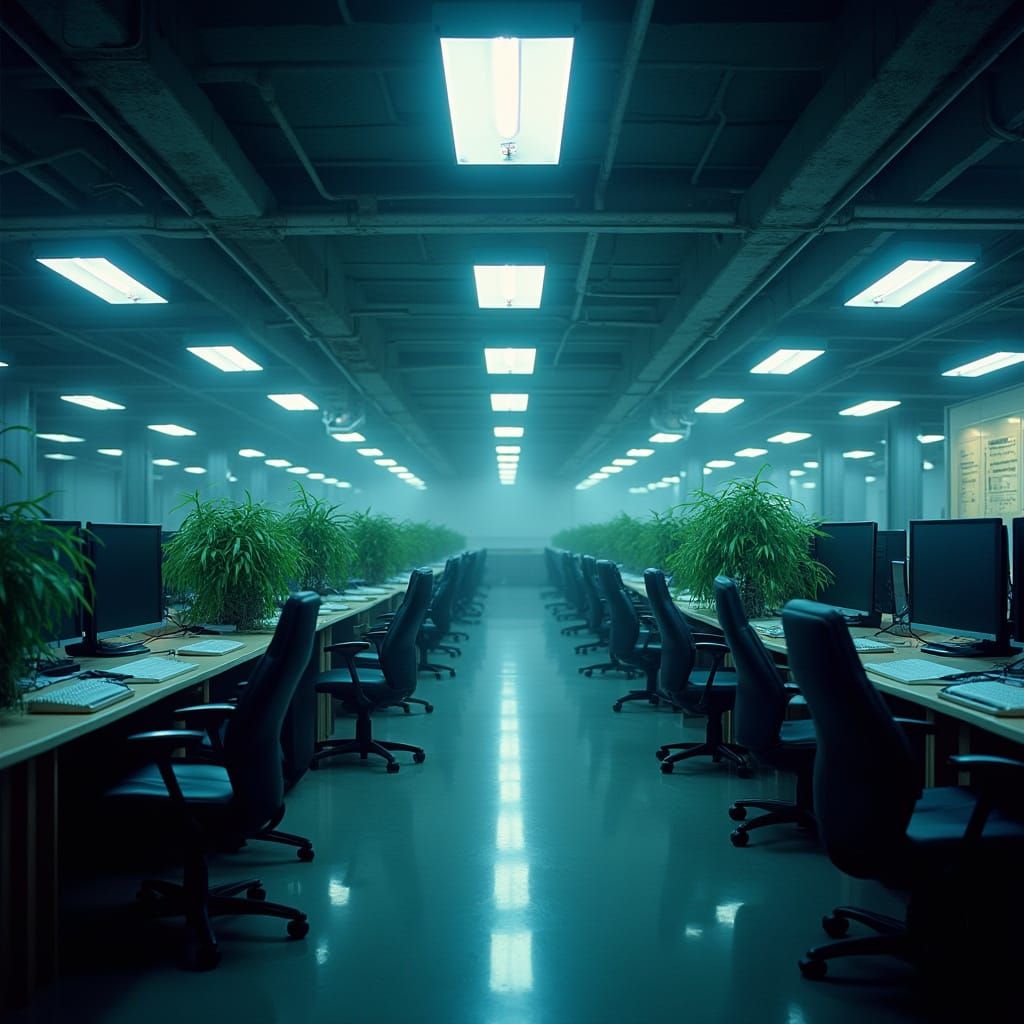Modern Mainframe Room with Desks and Potted Plants