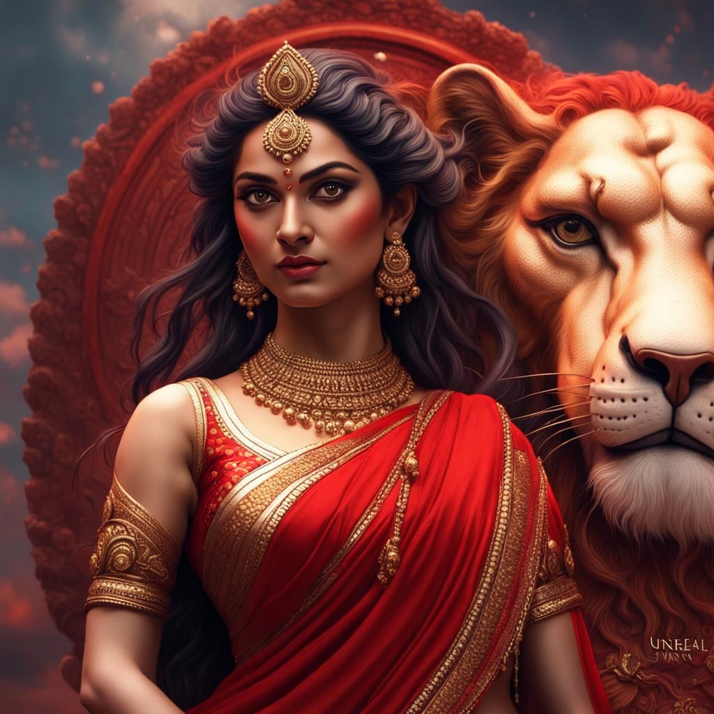 Goddess Durga on Lion, Detailed Matte Painting
