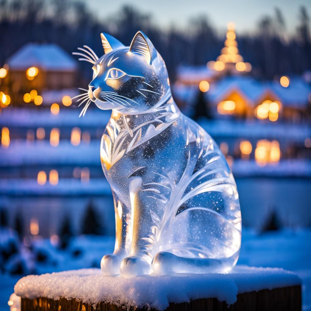 Glittering Ice Cat Sculpture in Winter Wonderland