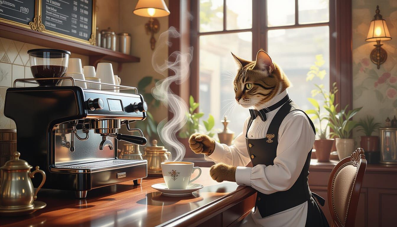 Victorian Cat Barista in Surreal Watercolor Style