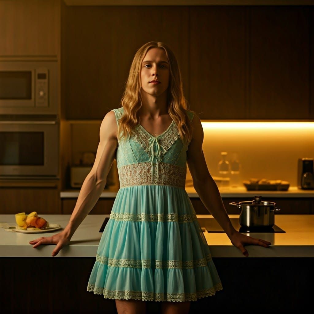 Man in Pastel A-Line Frock Cooking in Modern Kitchen