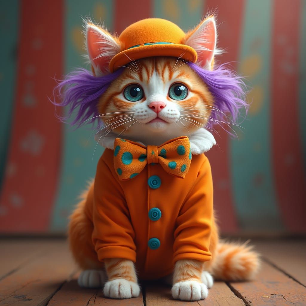 Photorealistic Kitty Clown with Purple Hair