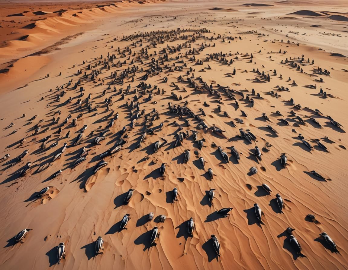 Surreal Desert Landscape with Penguin Skeletons