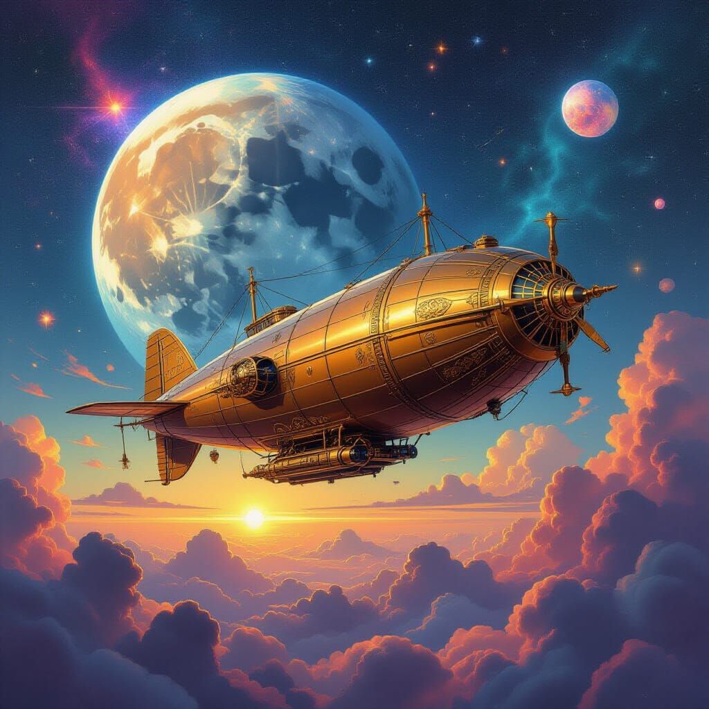 Steampunk Airship in Neon Nebula