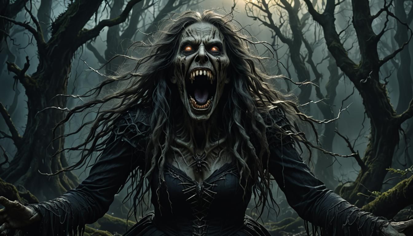 Scary Witch Screaming in Dark Forest