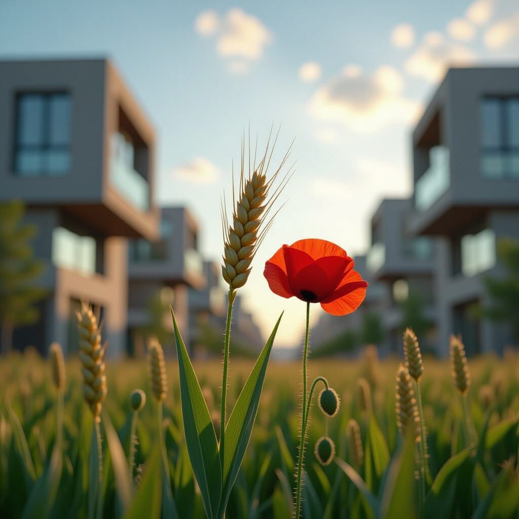 Wheat and Poppies in Futuristic Cityscape: Cinematic Film St...