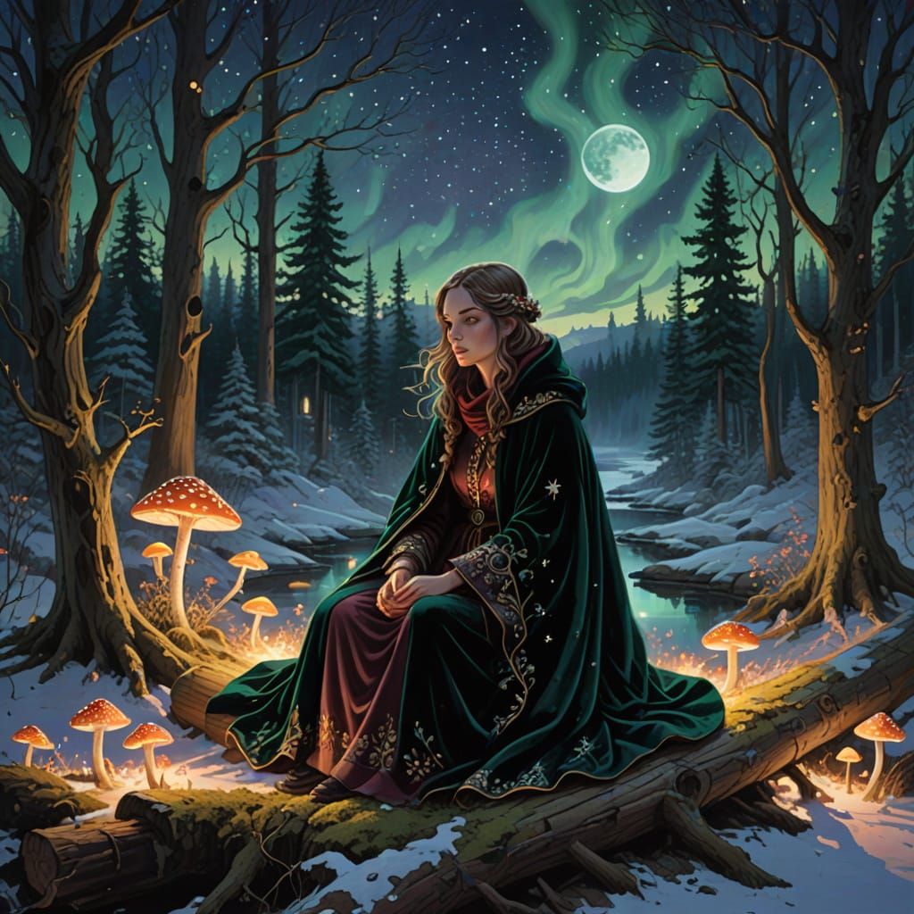 Young Woman Seated in Enchanted Forest Clearing Under Starry...