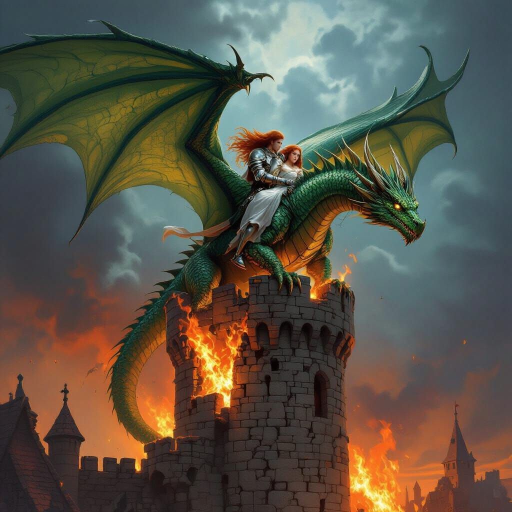 Dragon Rescue Knight Saves Maiden from Burning Tower