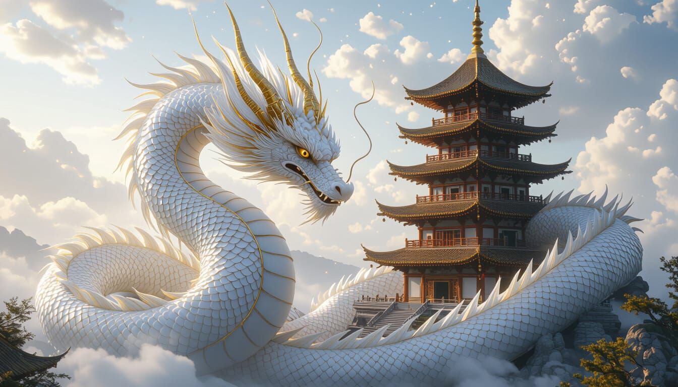 Celestial Dragon Coiled Around Ancient Pagoda
