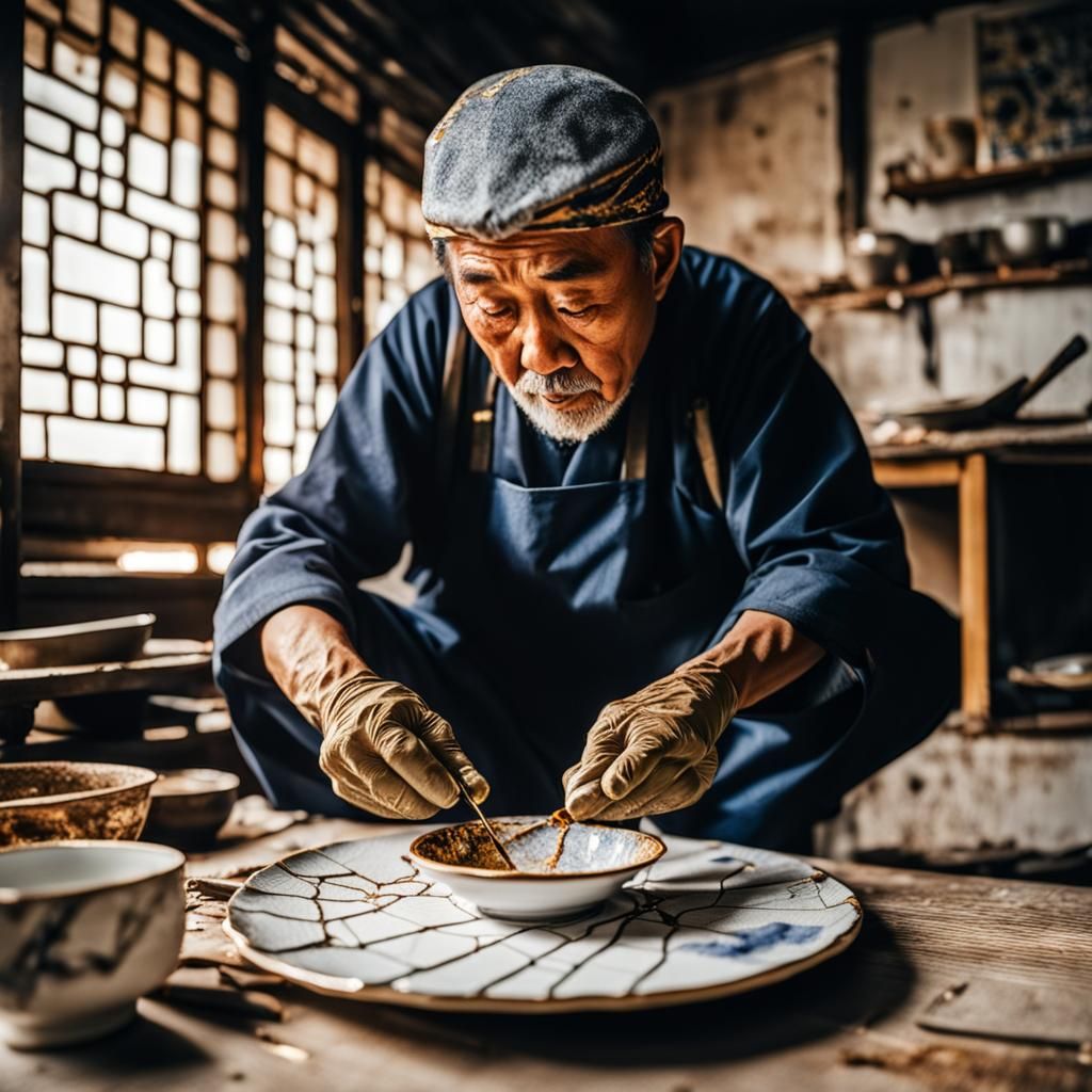 Japanese Artisan Repairs Porcelain with Gold Kintsugi