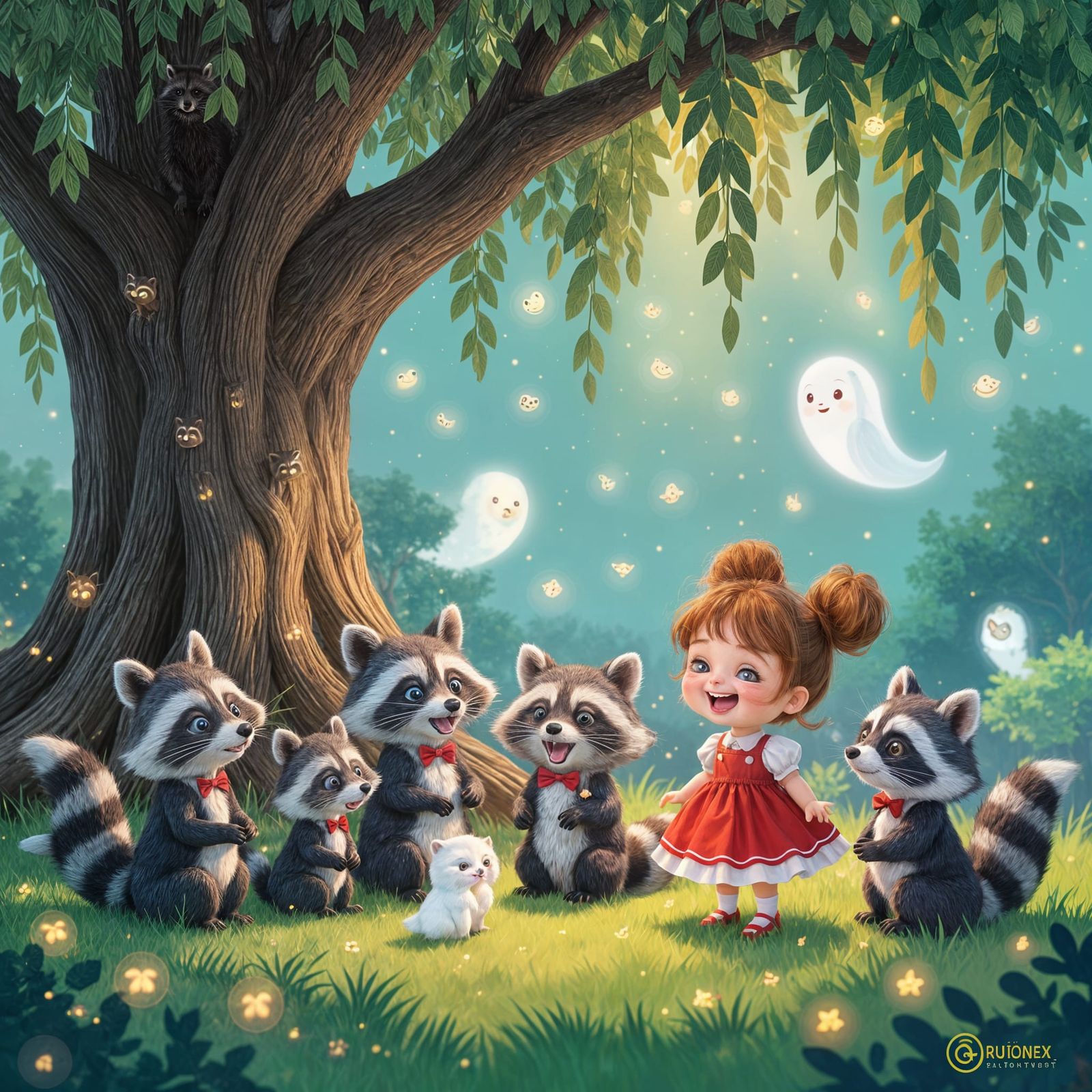 Raccoon Party Under Willow Tree with Aliens and Ghosts
