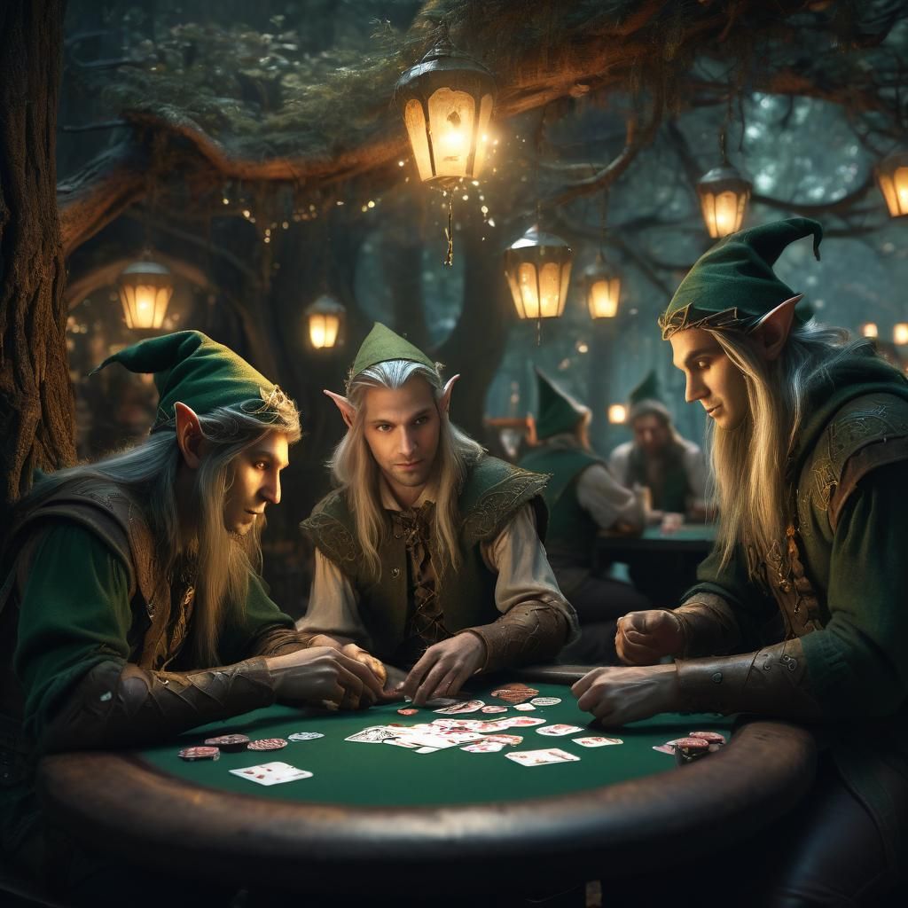 Elves Play Poker in Mystical Forest Tavern