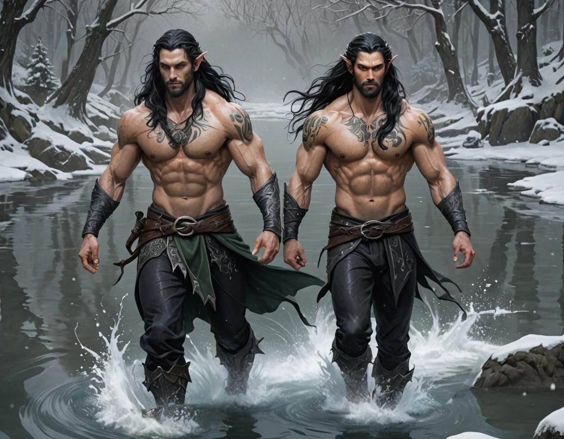 Snow Elf Male Walking Through Mythical Lake