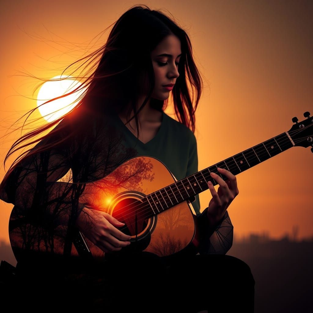 Ethereal Young Woman Plays Vintage Guitar Under Golden Hour