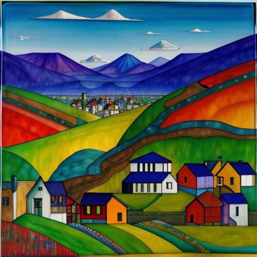 Colorful Whimsical Valley in Geometric Wet-on-Wet Style