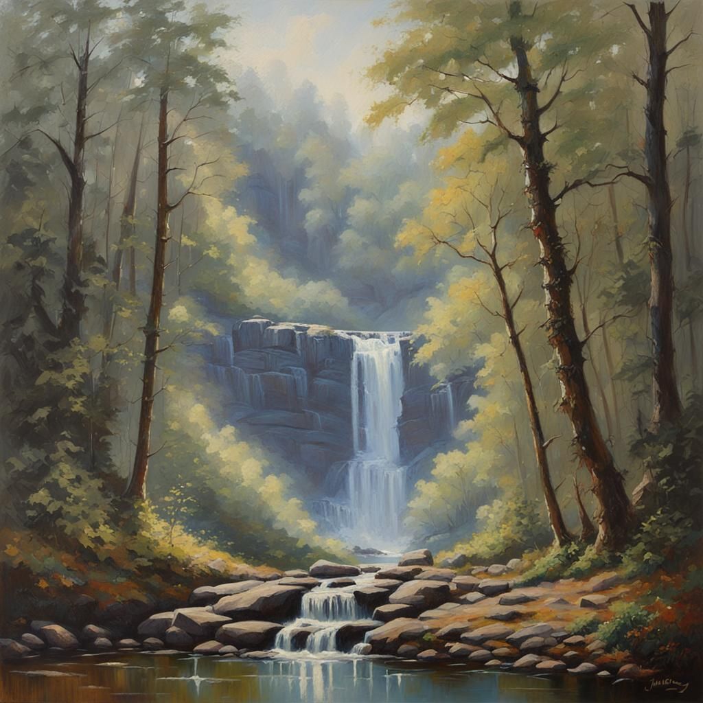 Misty Waterfall in Forest, Oil Painting