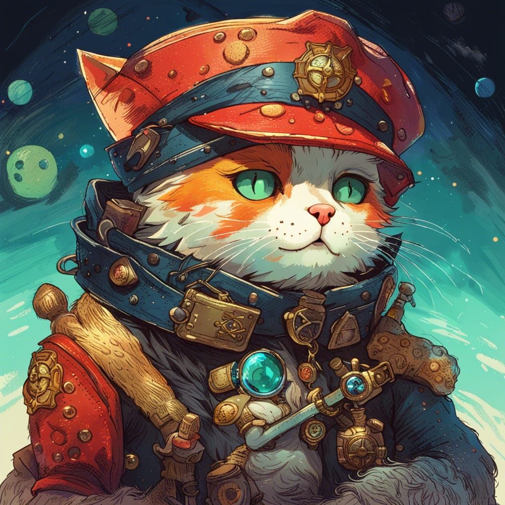 Anthropomorphic Cat Space Pirate Hugging a Dog