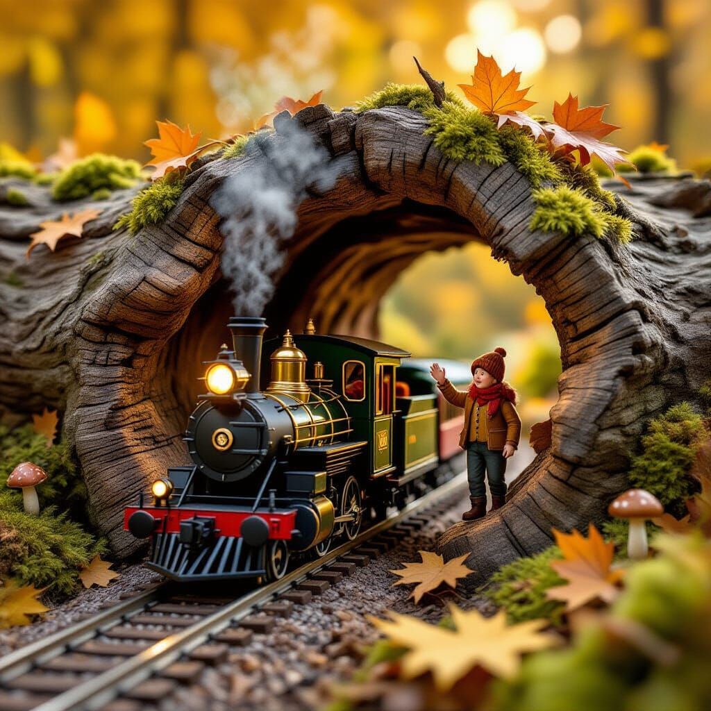 Tiny Steam Train in Autumn Log Tunnel Diorama