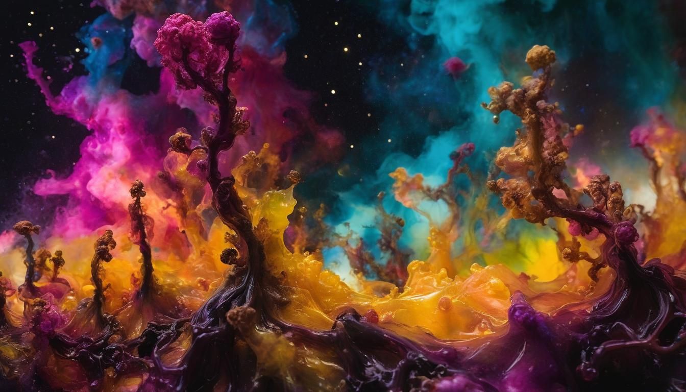 Ethereal Alcohol Ink Landscape with Nebula Aliens