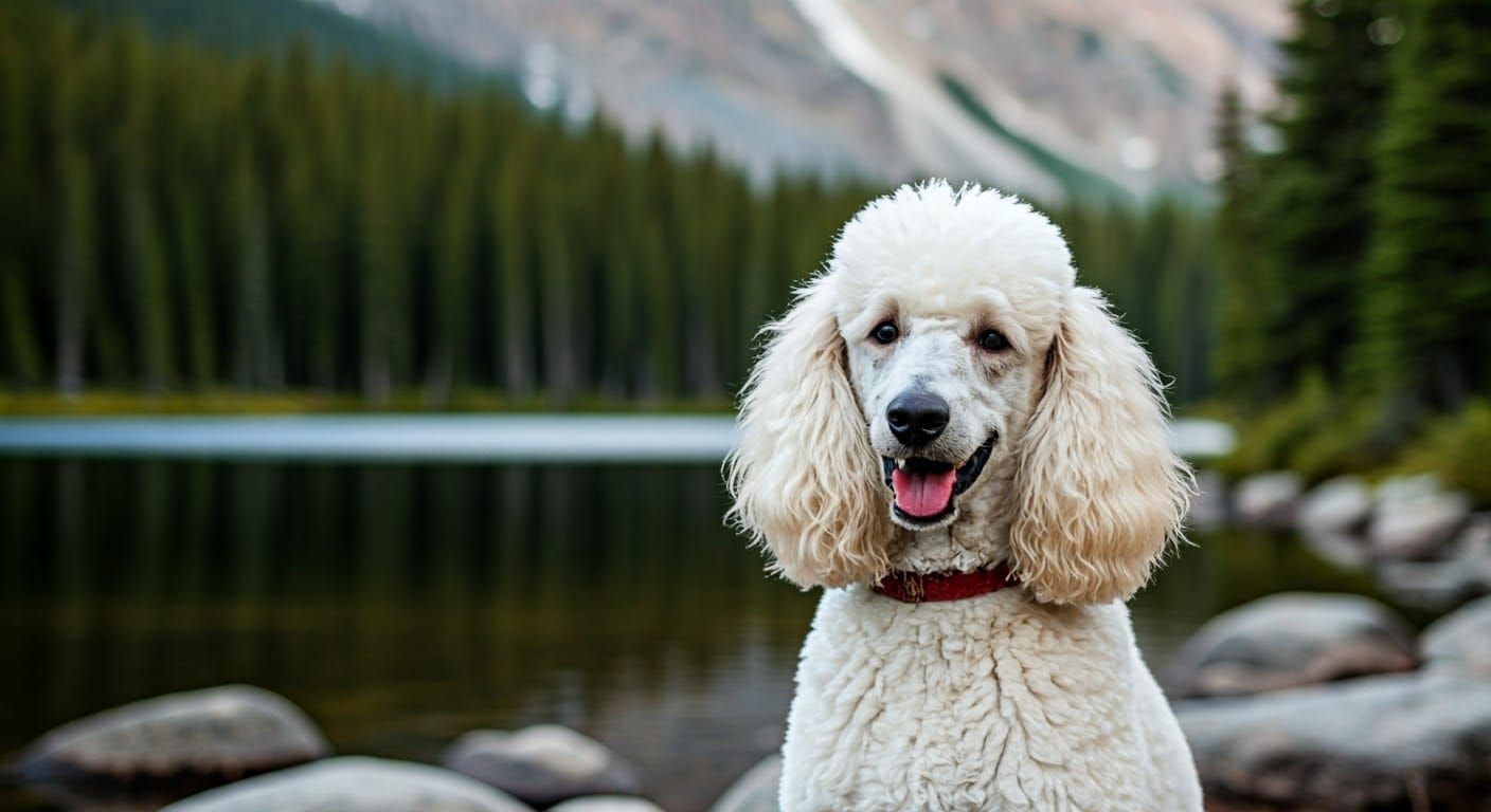Hyperrealistic Poodle Portrait at Mountain Lake