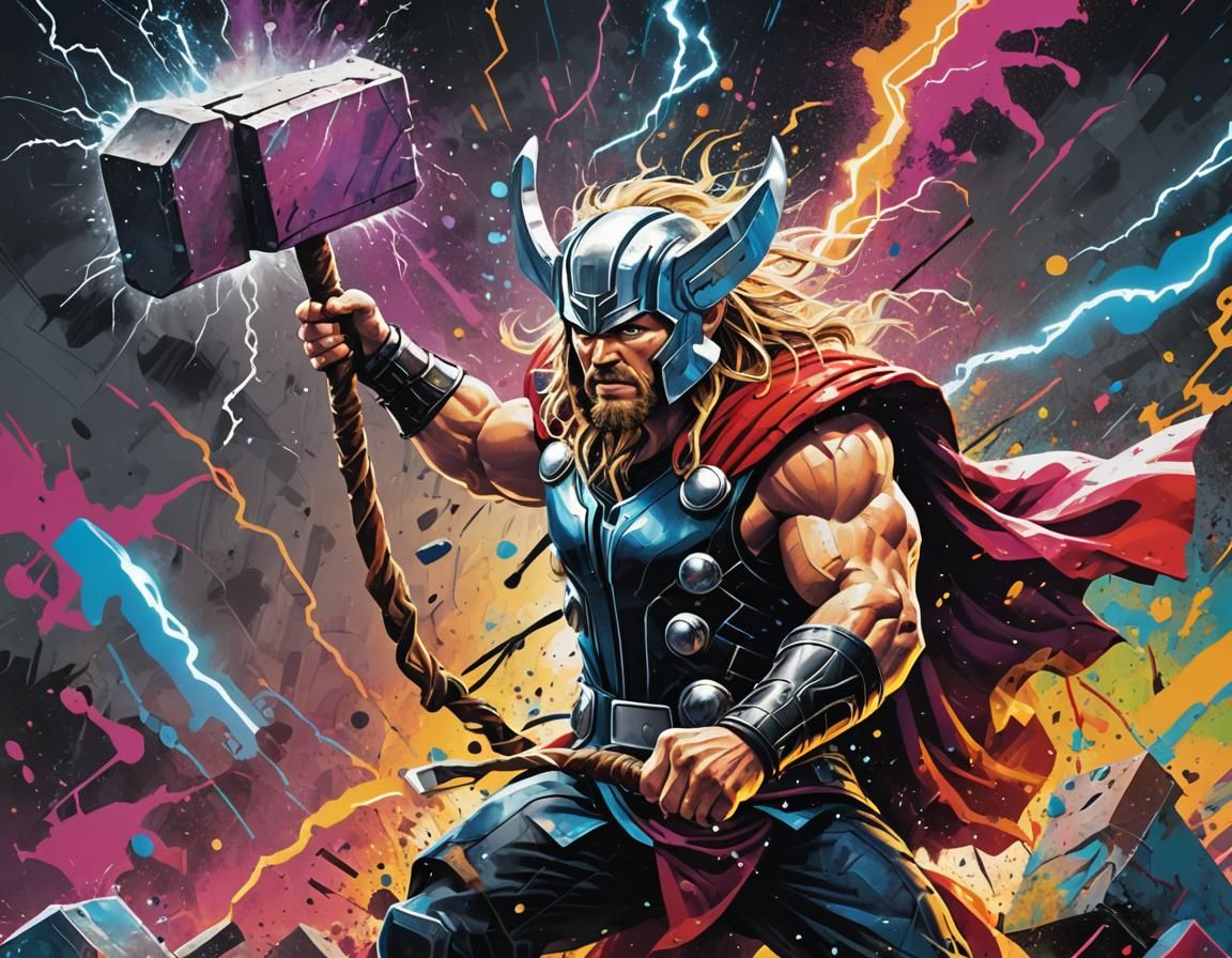 Thor's Neon Hammer: Graffiti Street Art