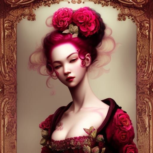 Rococo Woman with Red Dress and Pink Hair