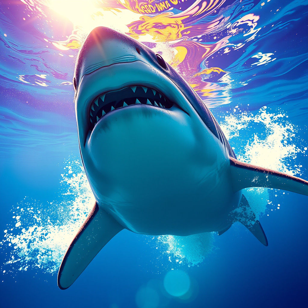 Great White Shark Breaching in Blue Ocean