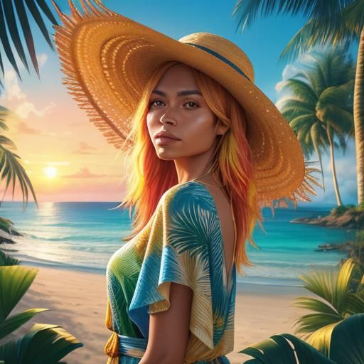 Hyperrealistic Woman on Sunny Beach Road