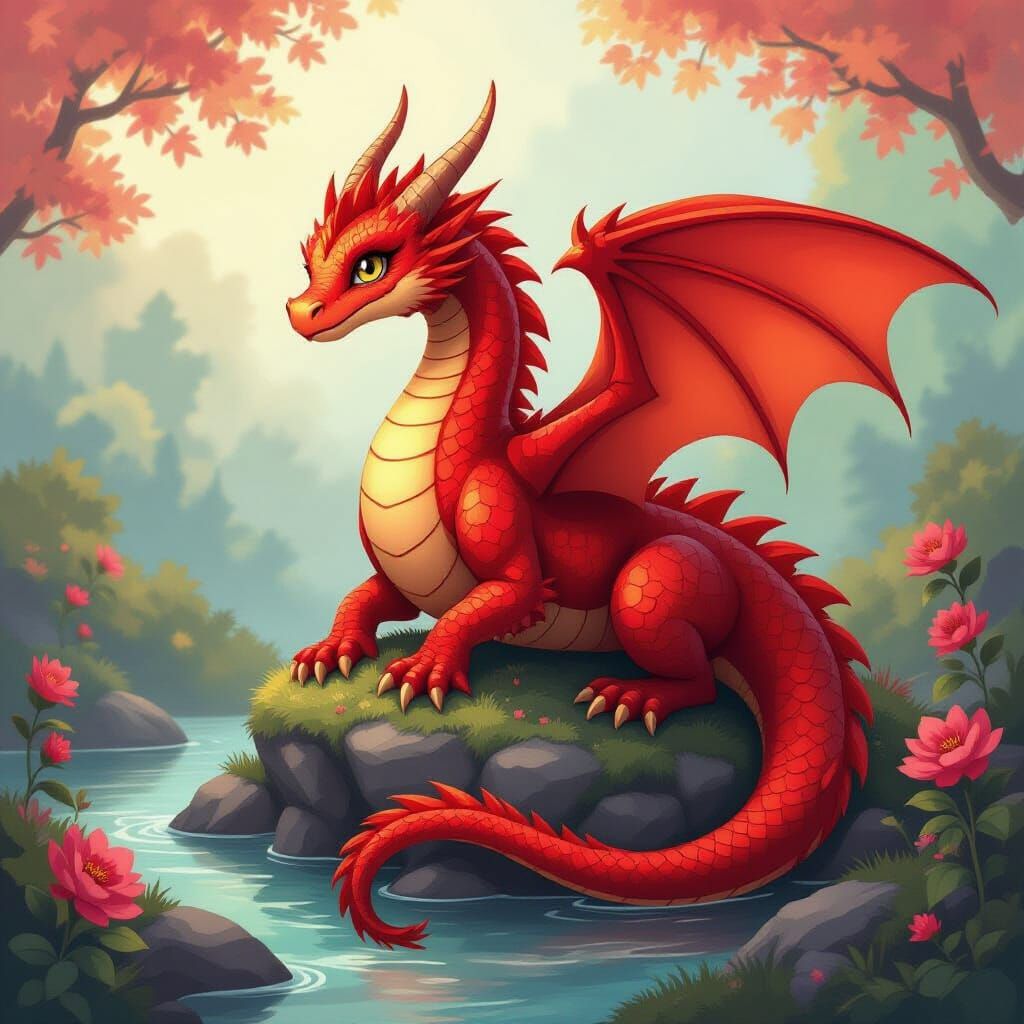 Vibrant Red Dragon Scene in Lisa Frank Style