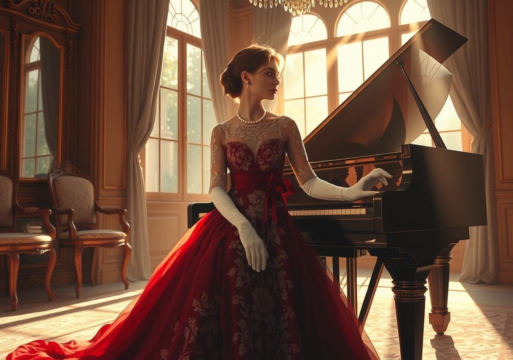 Elegant Woman at Piano in Opulent Salon