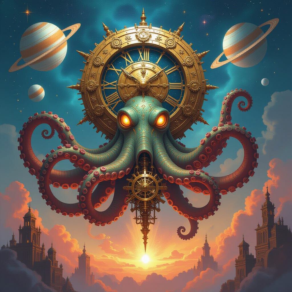 Clockwork Kraken Rising Nebula, Steampunk Fantasy Art