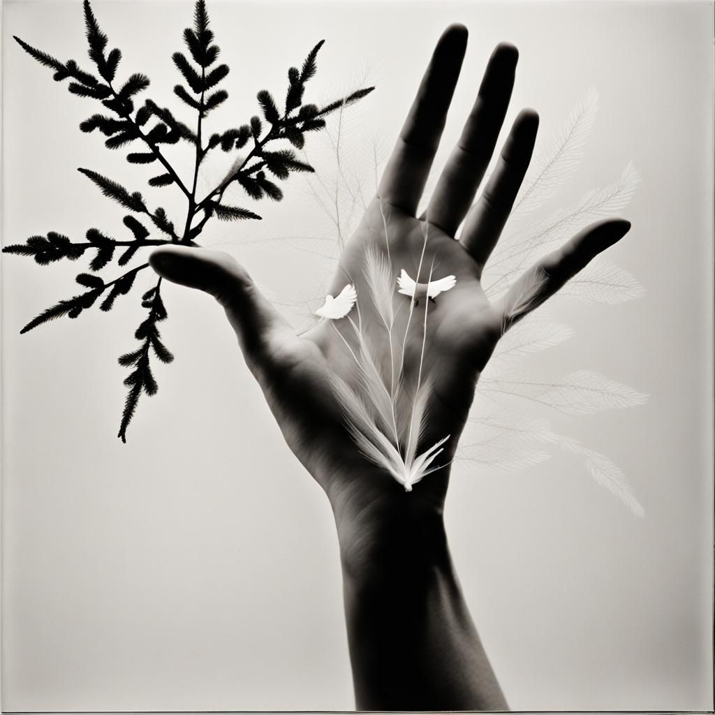 Hand Reaching for White Bird: Surreal Photogram