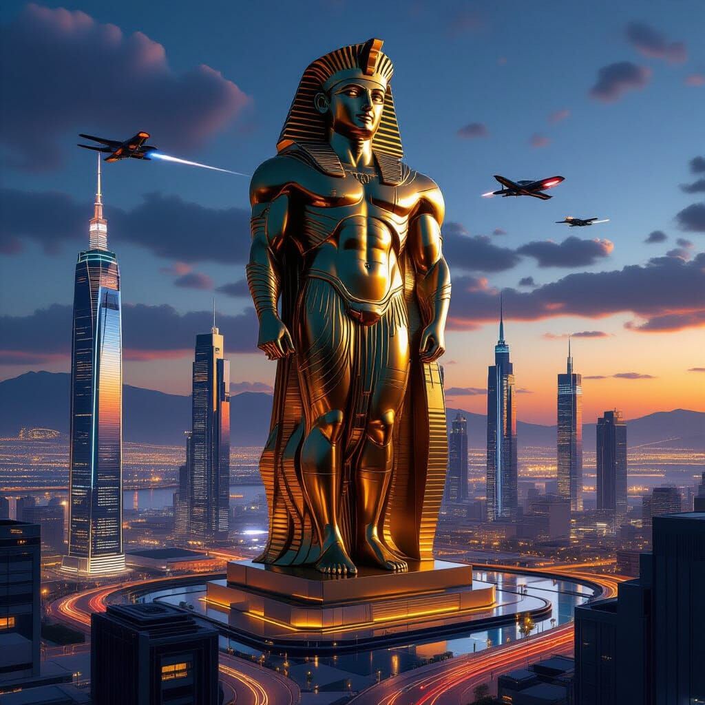 Futuristic Colossus of Rhodes in a Neon Cityscape