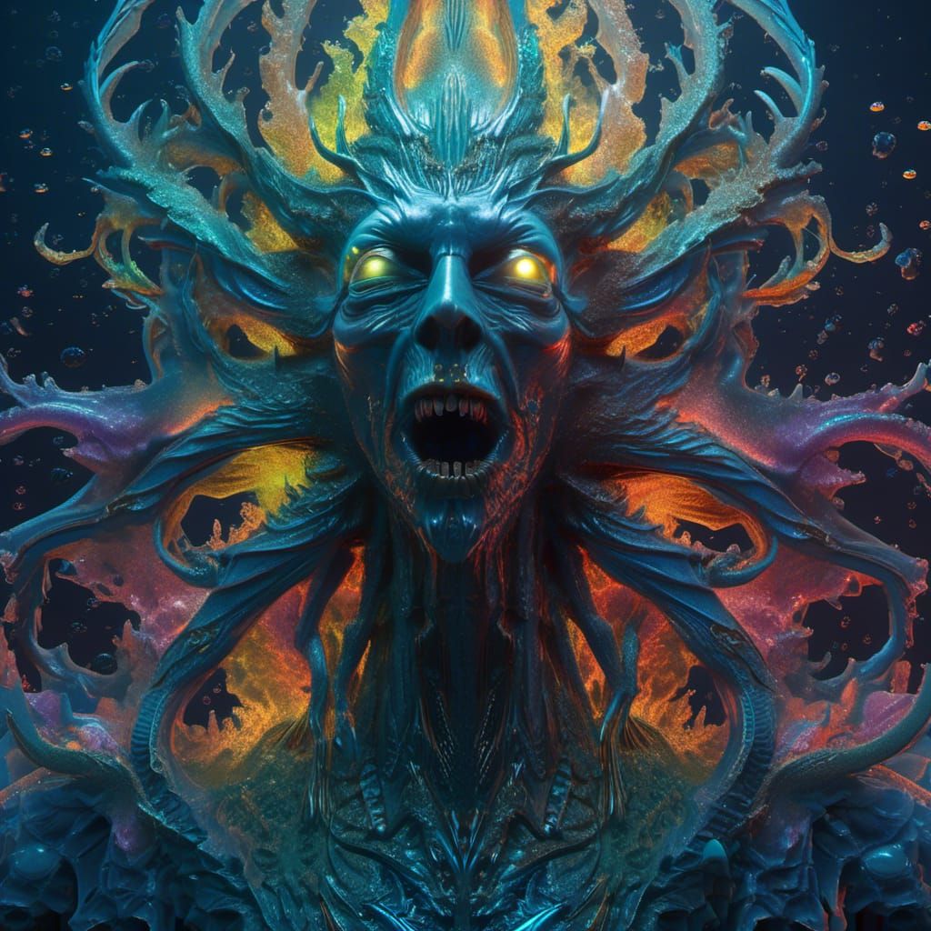 Handsome Kraken-Human Hybrid in Bioluminescent Ocean