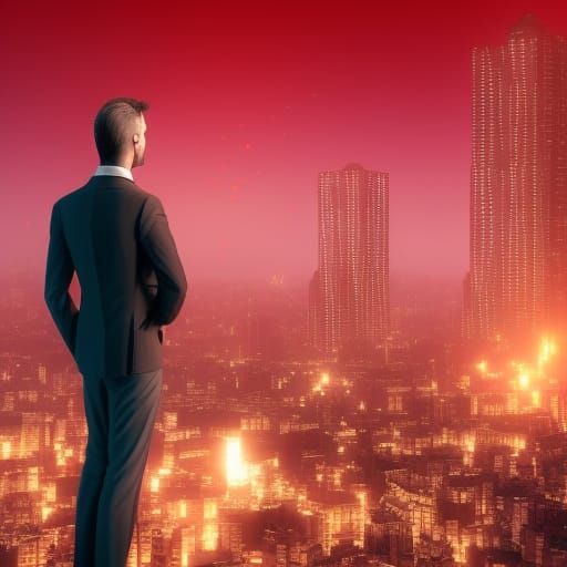Gothic Cityscape: Businessman in a Red Lit Skyscraper
