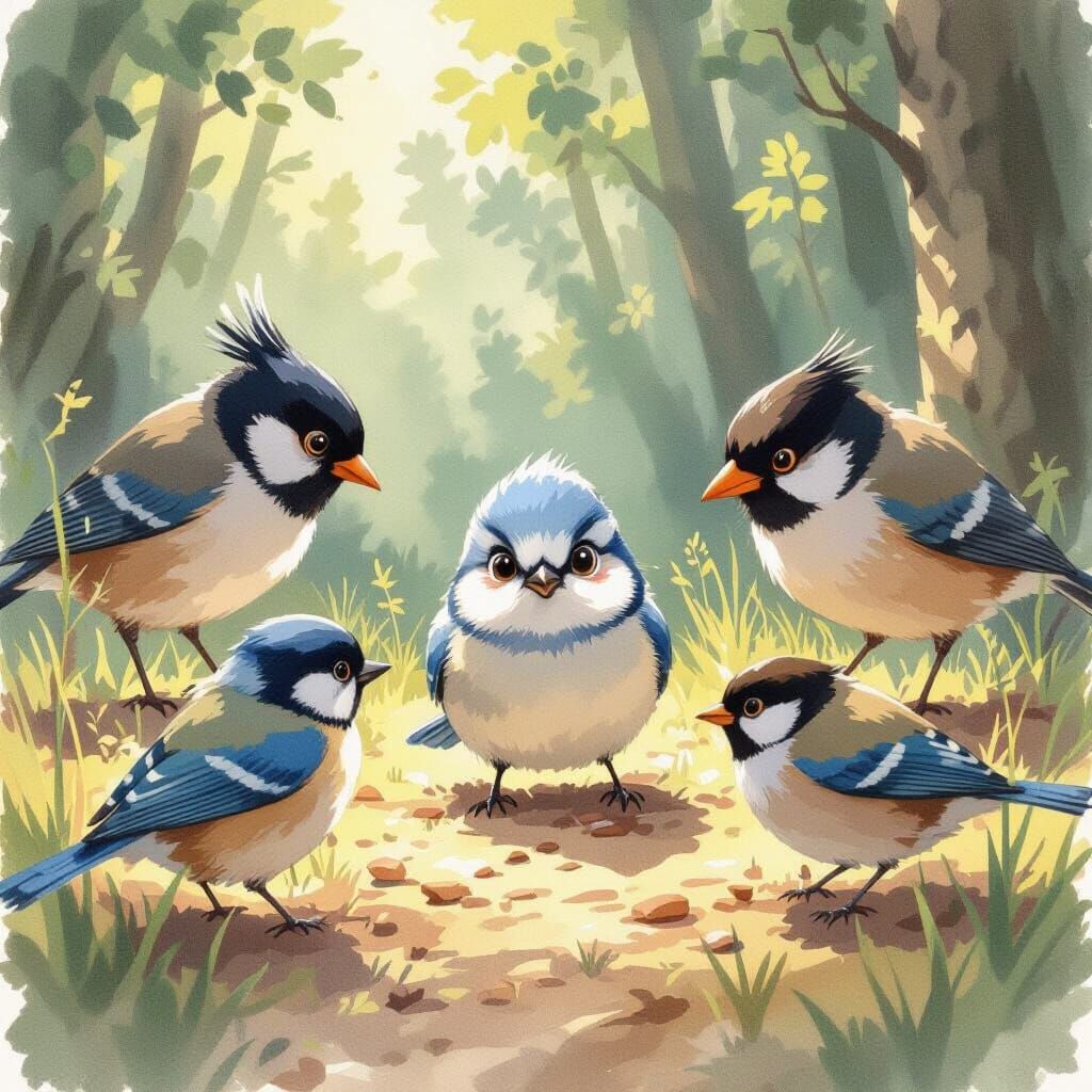 Blue Tit Surrounded by Mocking Birds, Watercolour Style
