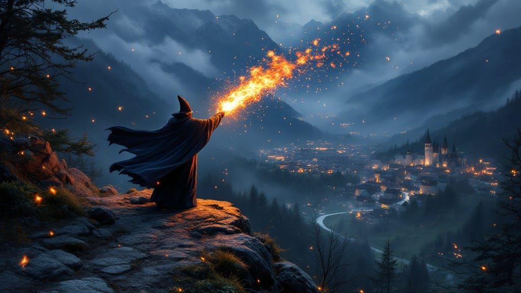 Wizard Casts Fireballs at Village in Dark Bavarian Night